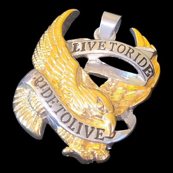 Mens Motorcycle Biker Eagle "Live To Ride, Ride To Live" Necklace Pendant - Picture 2 of 5